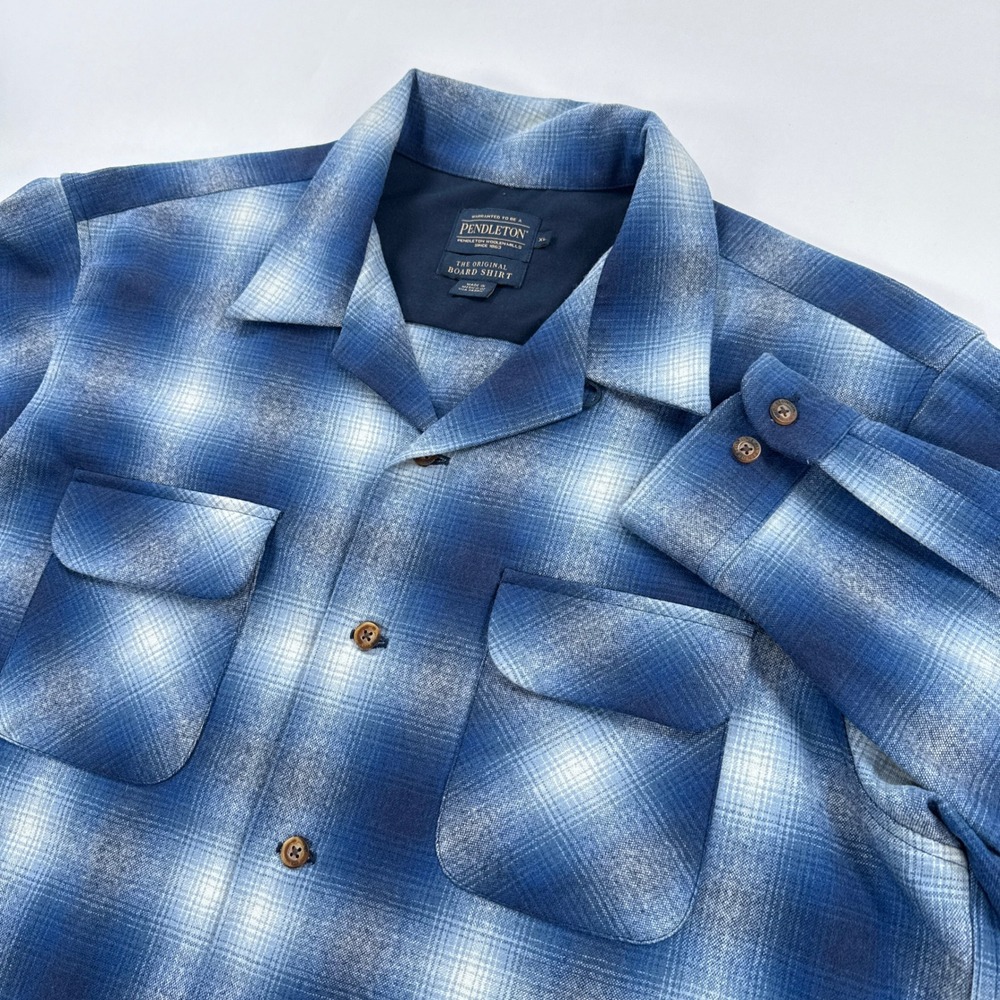 Pendleton Mens Board Shirt XL Blue Ombre Plaid Virgin Wool Button Down Archive